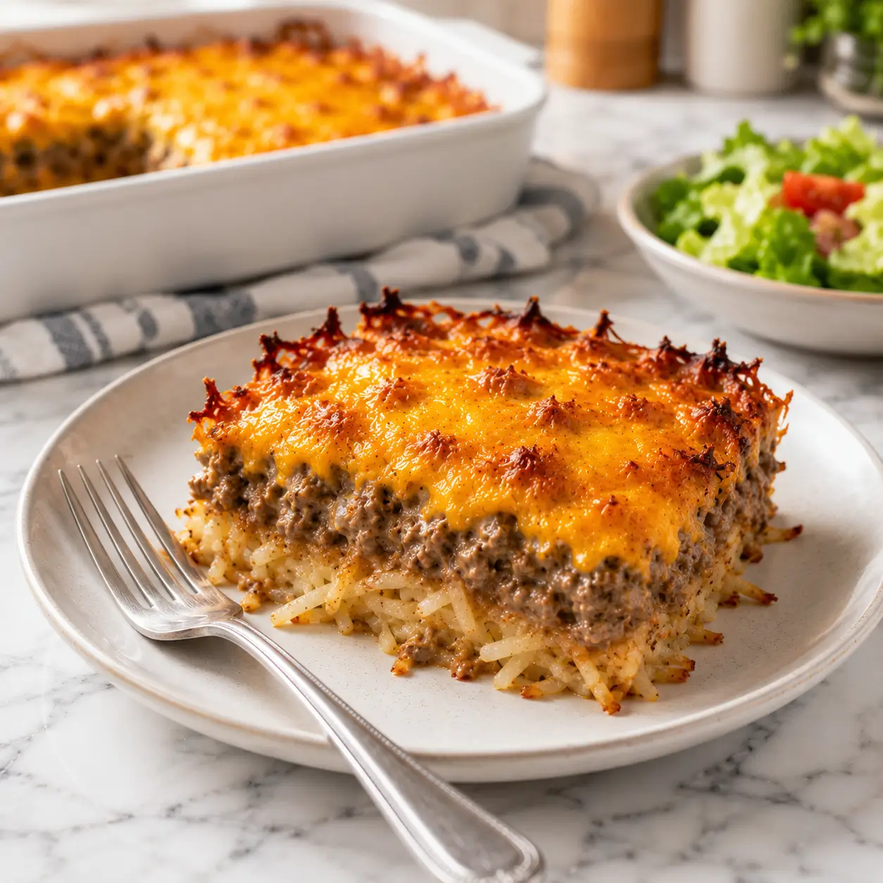 Dolly Parton’s casserole baked golden brown in a white ceramic dish with melted cheddar and crispy edges.