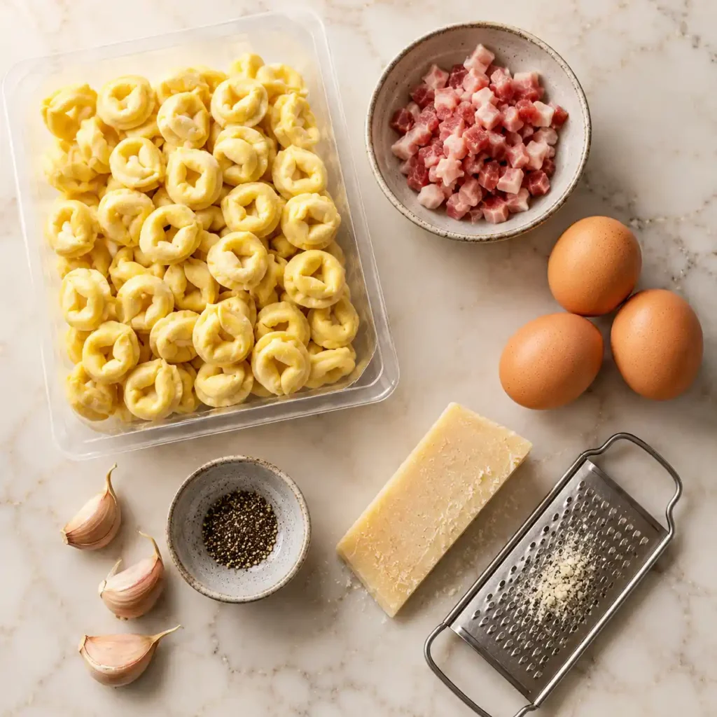 Tortellini carbonara ingredients with cheese tortellini, pancetta, eggs, garlic, Pecorino Romano, grater, and black pepper