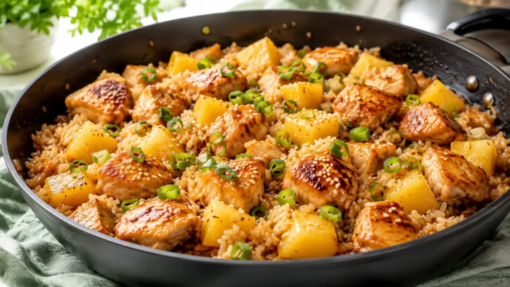 Pineapple chicken and rice skillet with juicy chicken, jasmine rice, pineapple chunks, and green onions