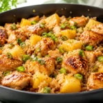 Pineapple chicken and rice skillet with juicy chicken, jasmine rice, pineapple chunks, and green onions