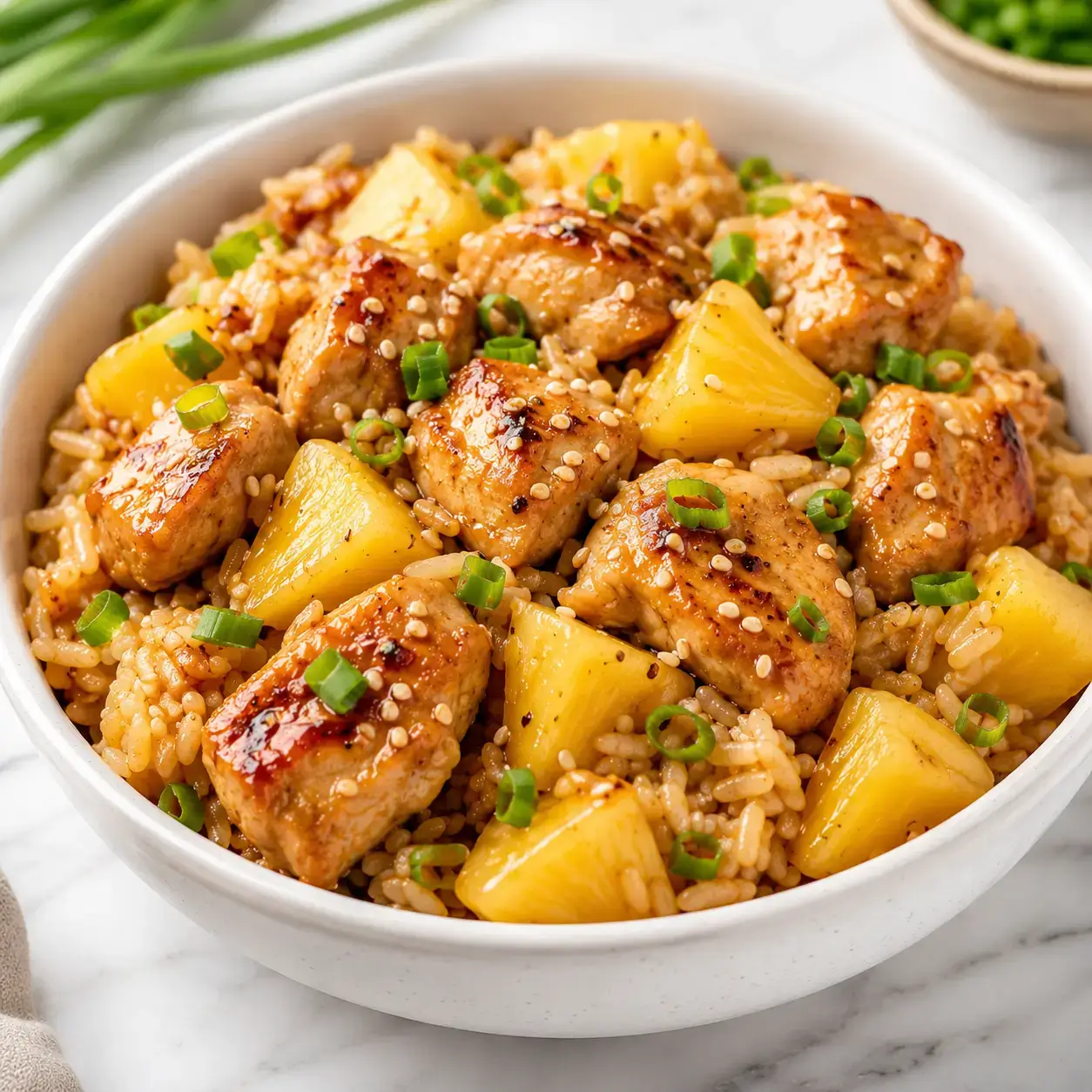 Pineapple chicken and rice bowl with juicy chicken, jasmine rice, pineapple chunks, and green onions