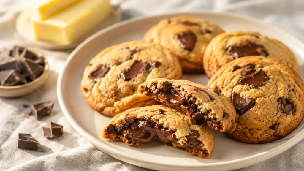 Chocolate-filled cookies on a white plate with melted chocolate center, golden edges, and warm bakery-style lighting