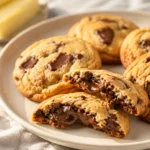 Chocolate-filled cookies on a white plate with melted chocolate center, golden edges, and warm bakery-style lighting