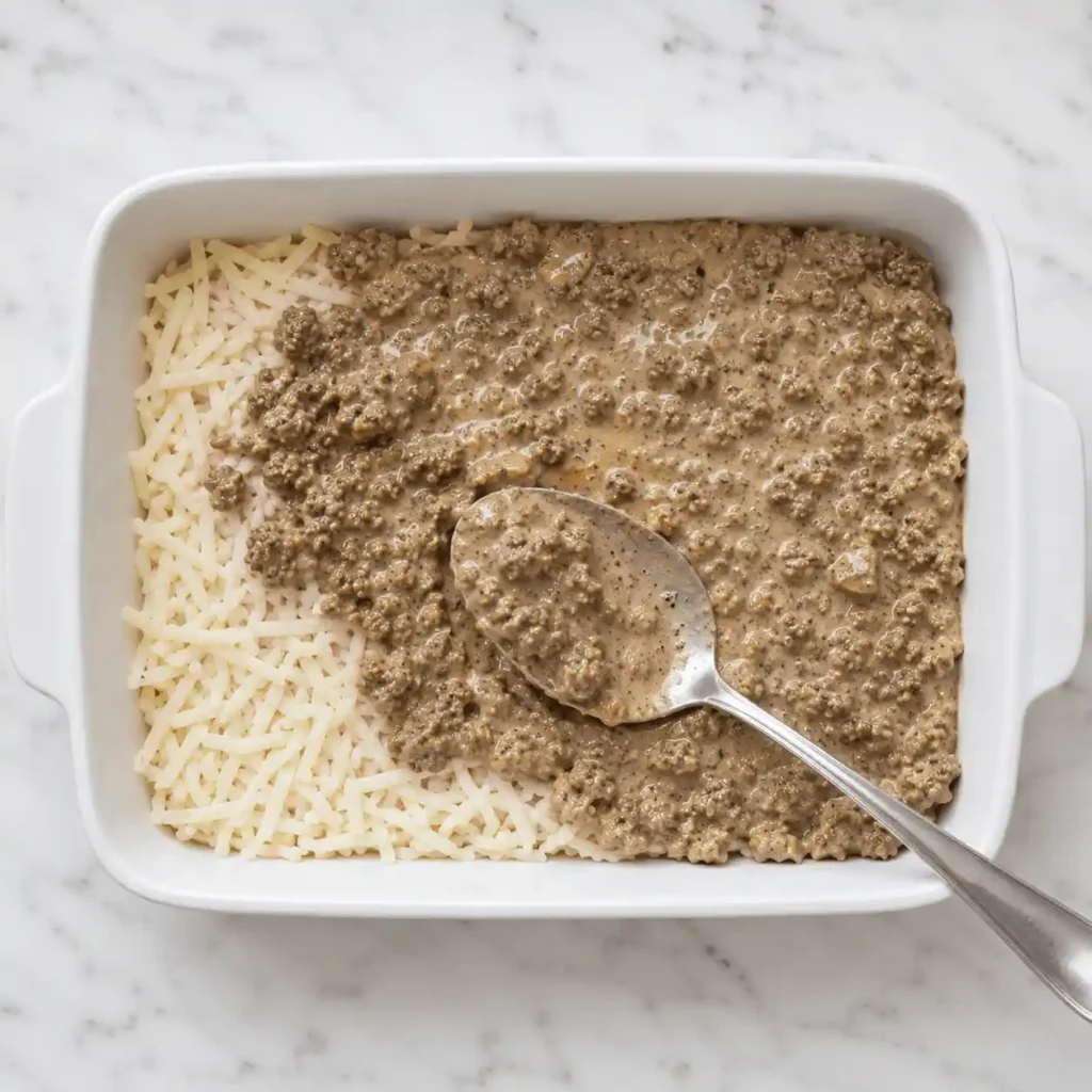 Creamy ground beef mixture spread over shredded hashbrowns in a white casserole dish on a marble countertop.