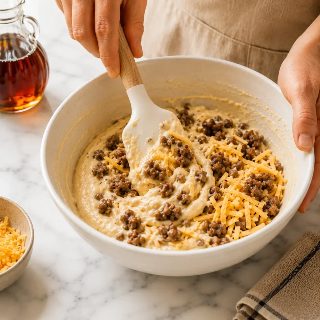 Folding sausage and cheddar cheese into McGriddle Bites batter in a white bowl