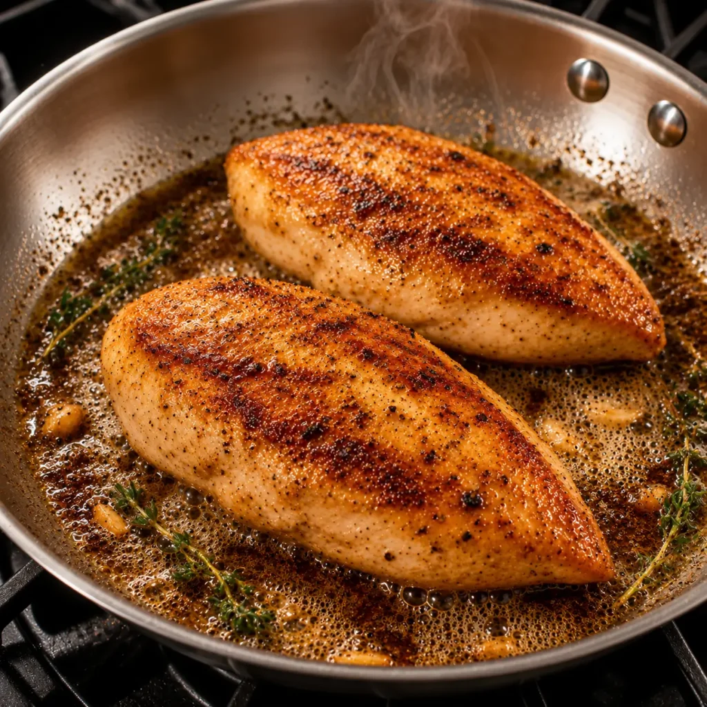 Golden chicken breasts searing in butter with herbs in a stainless steel skillet for creamy Cajun chicken pasta.