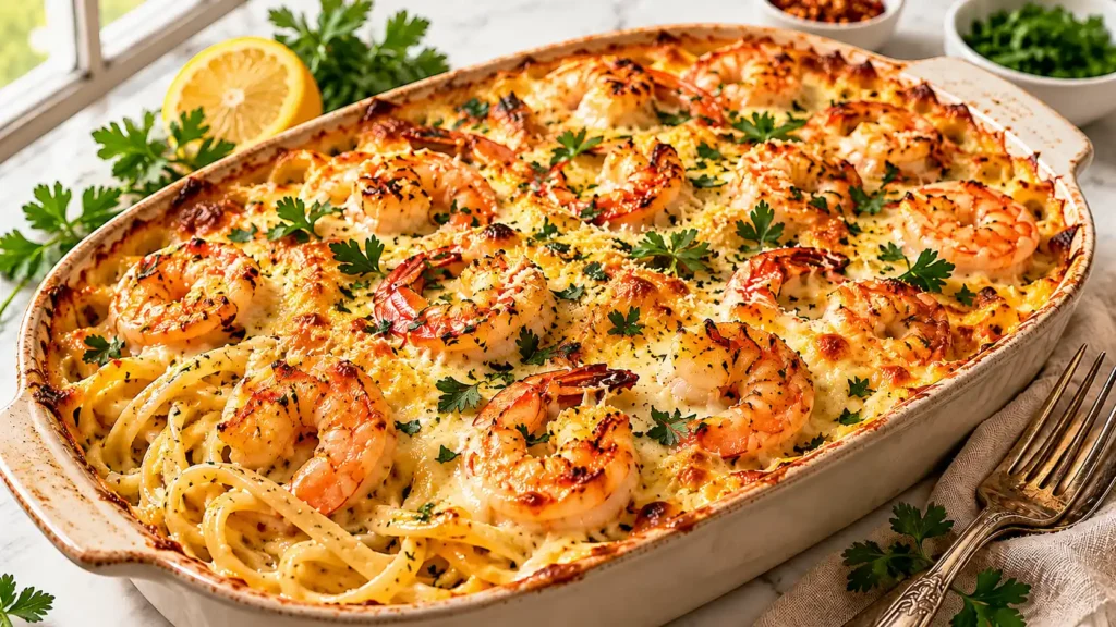 Shrimp scampi pasta bake with golden cheese, pink shrimp, creamy linguine, parsley, and lemon in a ceramic dish