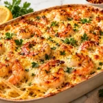 Shrimp scampi pasta bake with golden cheese, pink shrimp, creamy linguine, parsley, and lemon in a ceramic dish