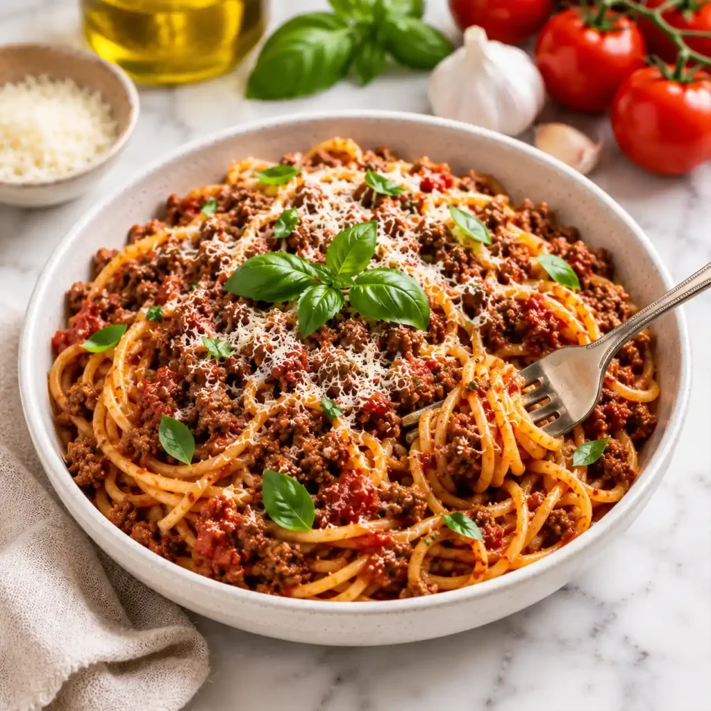 Finished Italian ground beef pasta with tomato meat sauce, parmesan, basil, and fork served in a white bowl on marble