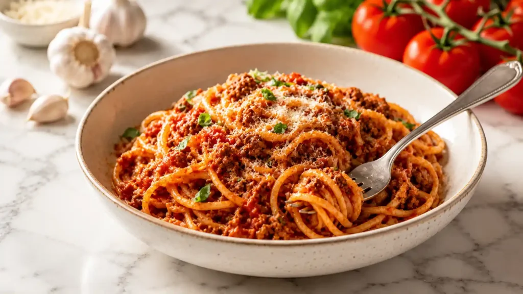 Italian ground beef pasta with rich tomato meat sauce, parmesan, basil, and fork in a white bowl on marble countertop