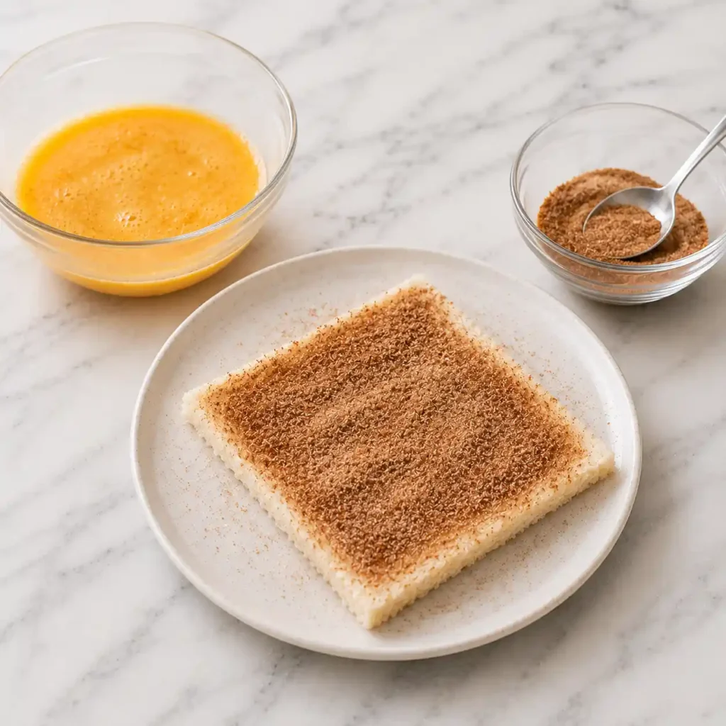 Cinnamon sugar French toast roll-up step with egg mixture, coated bread slice, and cinnamon sugar bowl