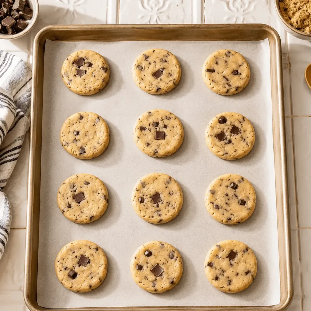 Chocolate cookie dough rounds on a parchment-lined baking sheet, evenly spaced for expert cookie baking tips