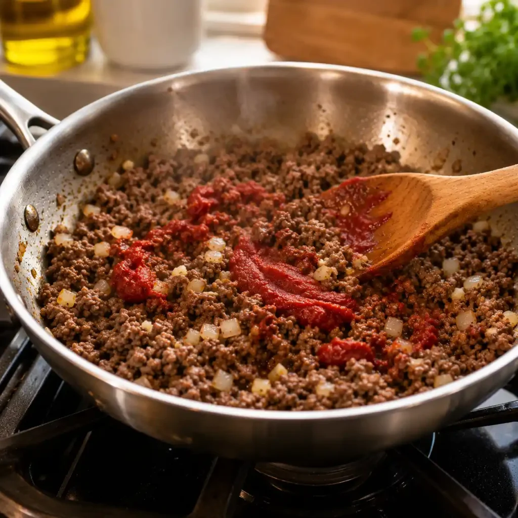 Ground beef, onion, garlic, and tomato paste cooking in a skillet for easy Italian pasta sauce with warm kitchen lighting