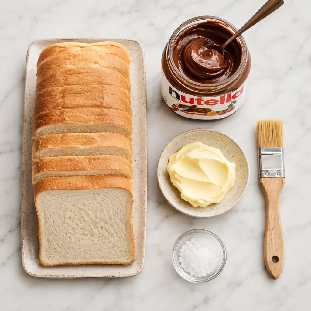 Ingredients for air fryer Nutella toast pies with white bread, Nutella, butter, sea salt, and pastry brush