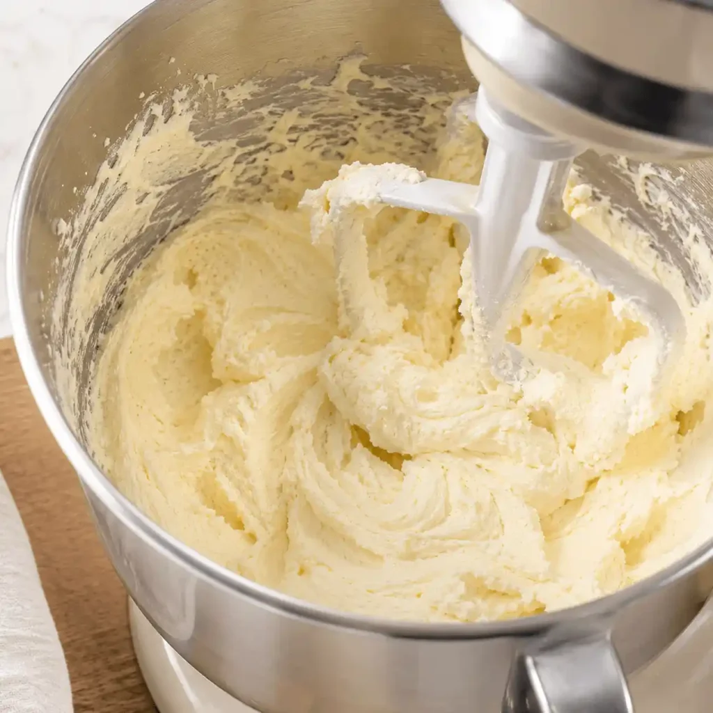 Butter and sugar mixture creamed in a stainless steel bowl for homemade chocolate-filled cookies