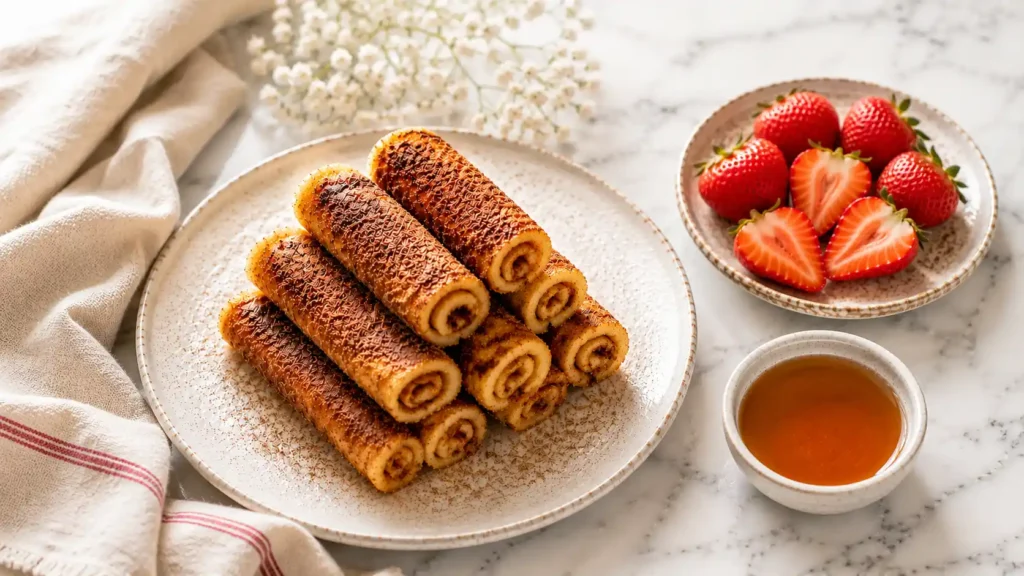 Quick Cinnamon Sugar French Toast Roll-Ups served with strawberries and maple syrup on white marble