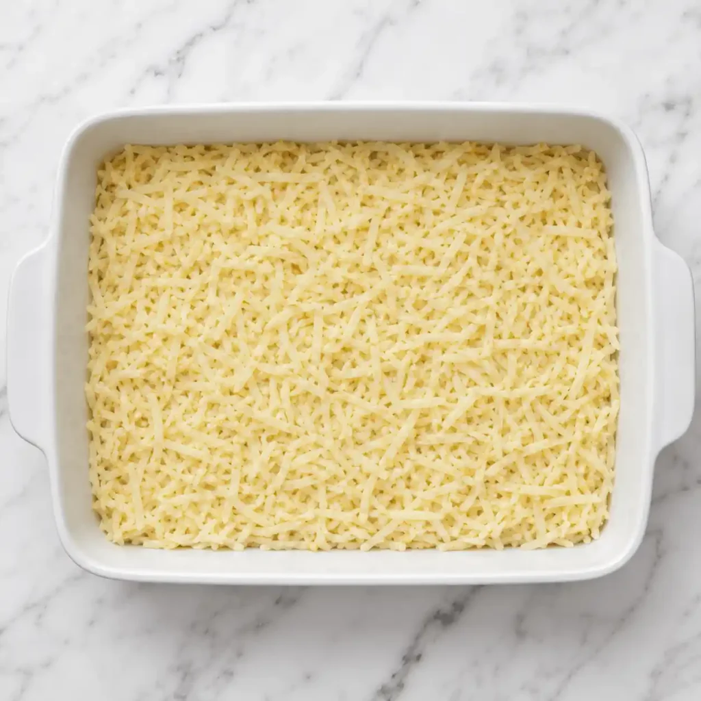 Shredded hashbrowns spread evenly in a white casserole dish on a white marble surface for a casserole recipe.