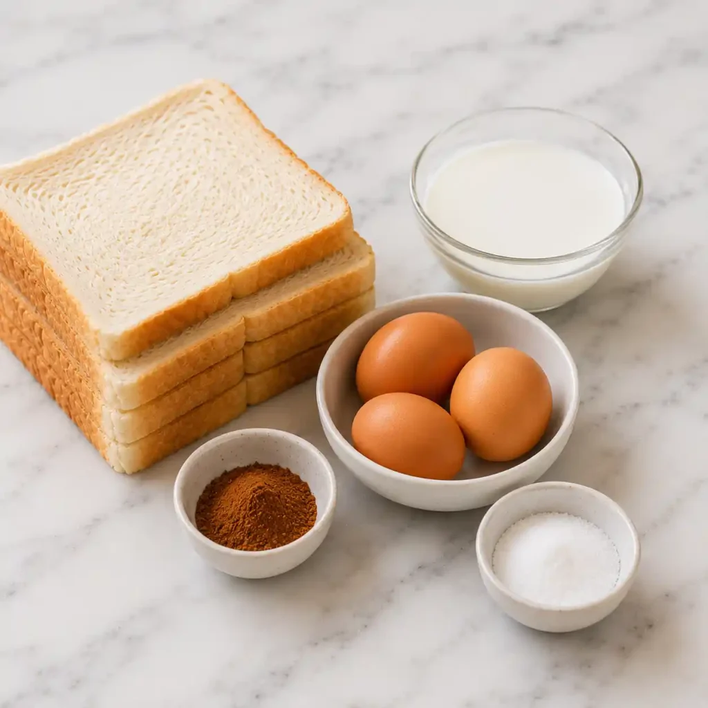 Ingredients for Quick Cinnamon Sugar French Toast Roll-Ups with bread, eggs, milk, cinnamon and sugar
