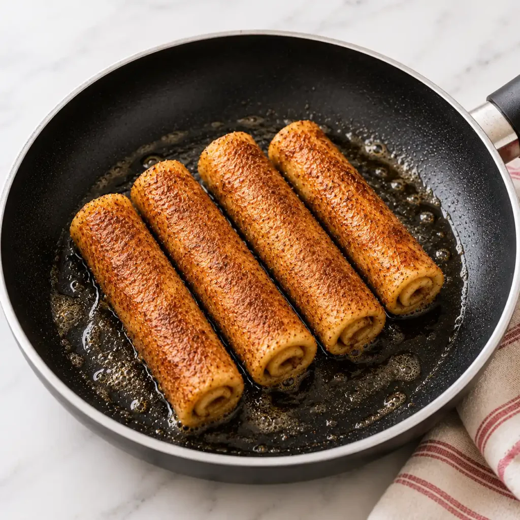 Cinnamon sugar French toast roll-ups cooking in a skillet until golden brown for a crispy breakfast tip