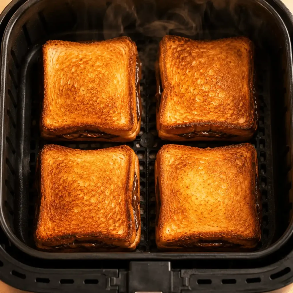 Freshly cooked air fryer Nutella toast pies with golden crispy edges inside an air fryer basket