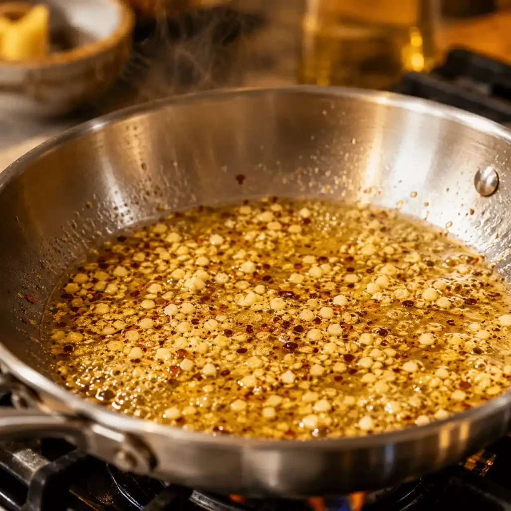 Garlic and red pepper flakes sizzling in melted butter for shrimp scampi pasta bake