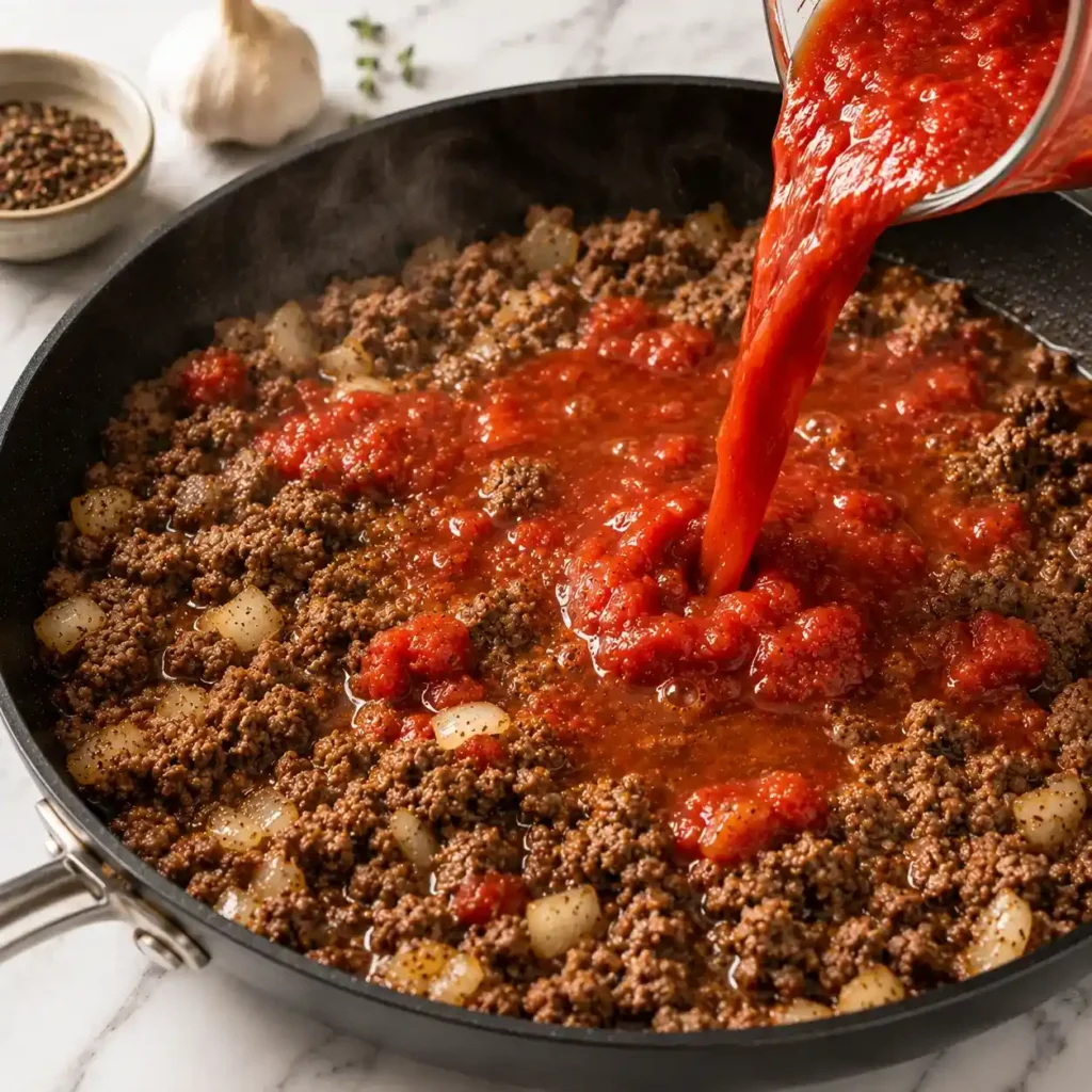 Crushed tomatoes being poured into ground beef and onions in a skillet for creamy beef and pasta shells sauce.