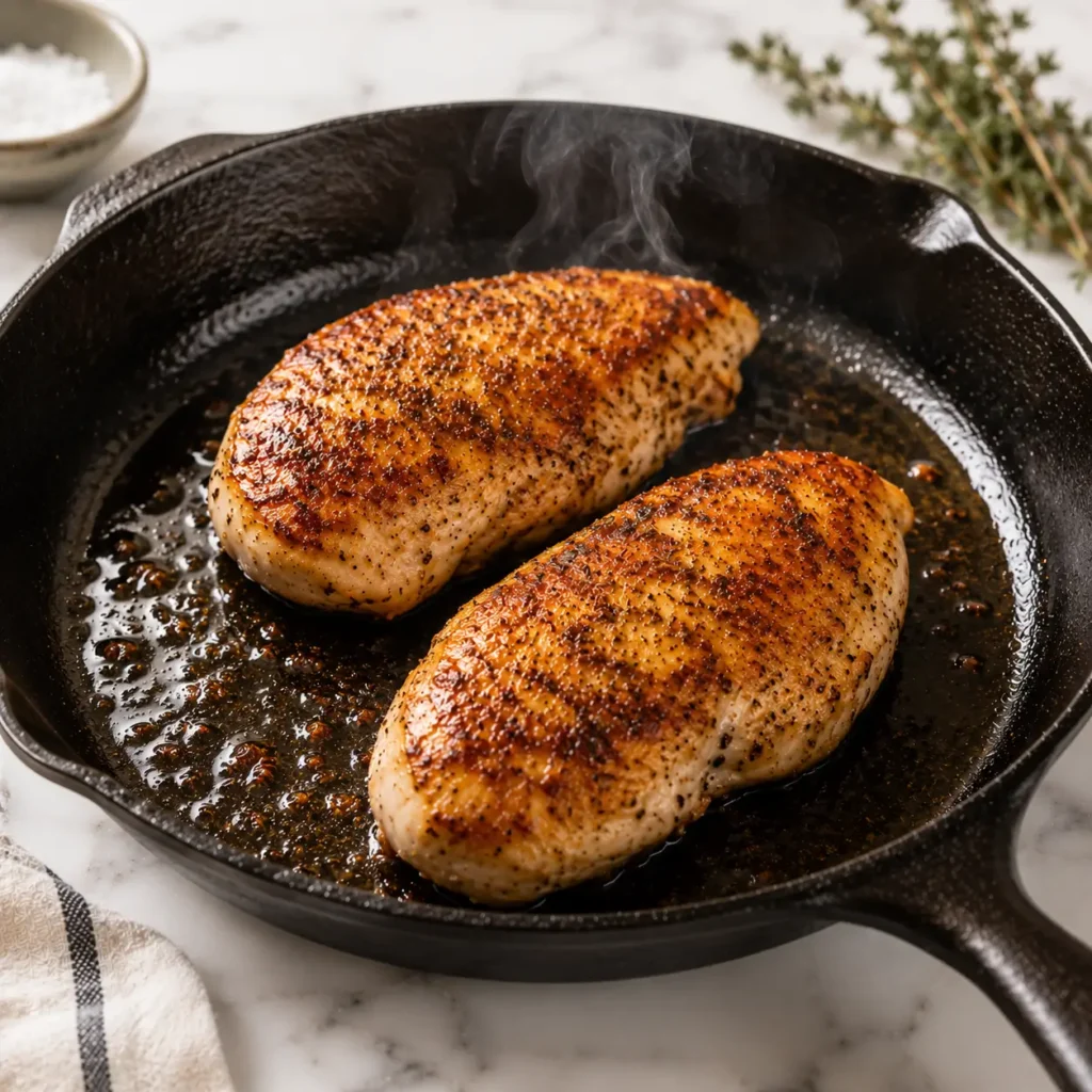 Seasoned chicken breasts searing in a cast iron skillet with golden crust for Italian lemon chicken pasta.