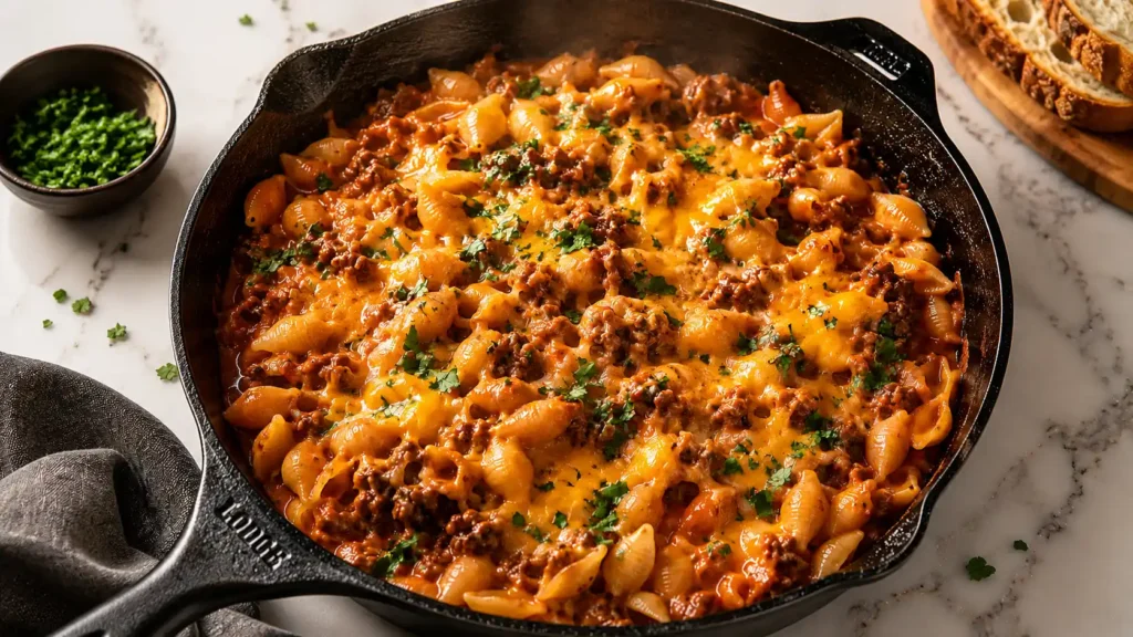Creamy beef and pasta shells in a cast iron skillet with melted cheddar, tomato cream sauce, and fresh parsley on white marble.