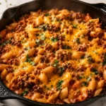 Creamy beef and pasta shells in a cast iron skillet with melted cheddar, tomato cream sauce, and fresh parsley on white marble.