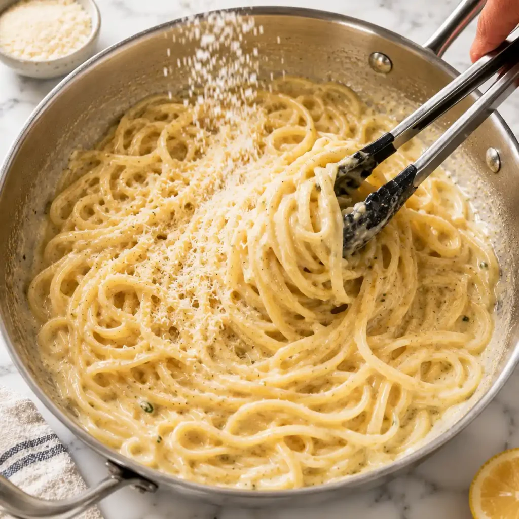 Creamy lemon sauce simmering with garlic and zest in a skillet for Italian lemon chicken pasta.
