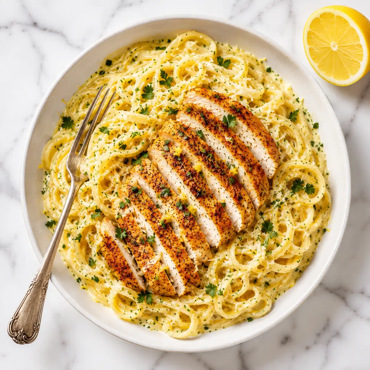 Creamy Italian lemon chicken pasta served with grilled chicken, Parmesan, parsley, and fresh lemon on white marble.