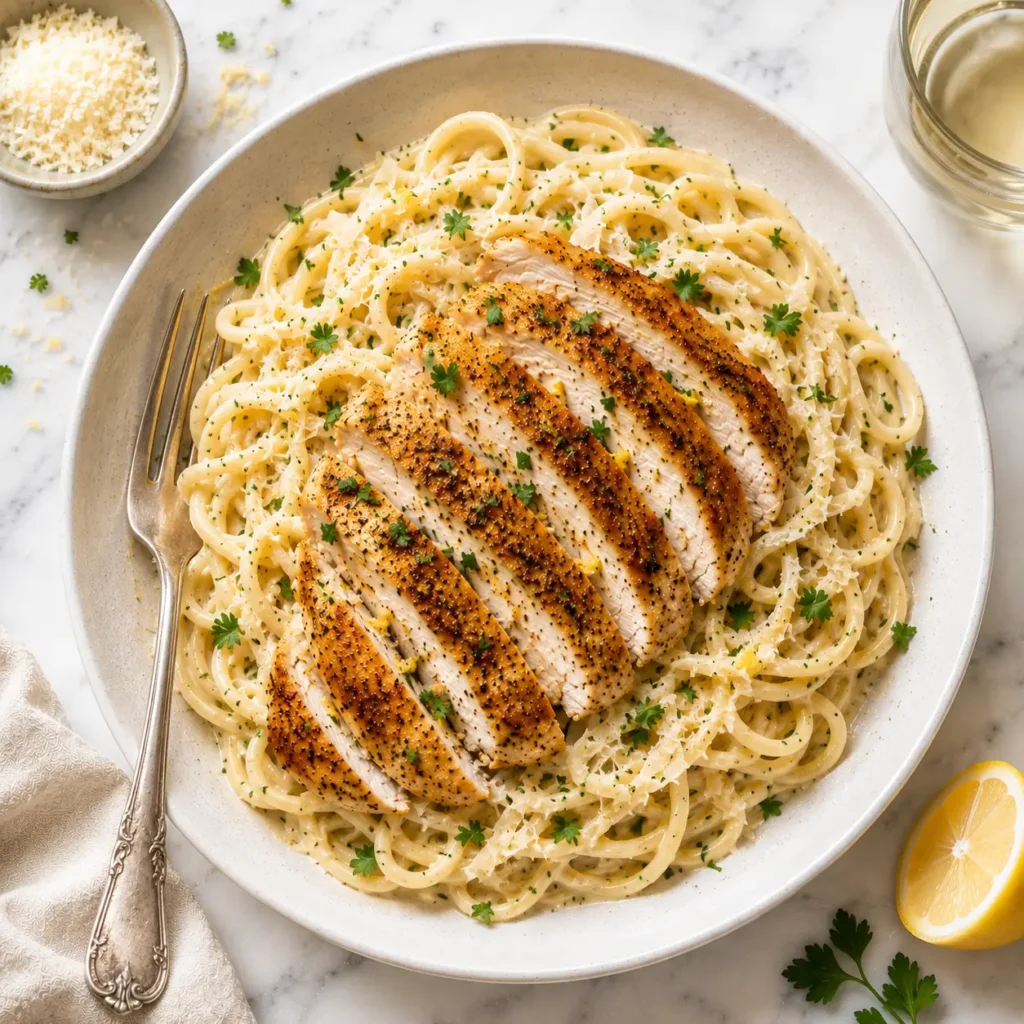 Italian lemon chicken pasta with creamy linguine, grilled chicken slices, parsley, Parmesan, and lemon on white marble.
