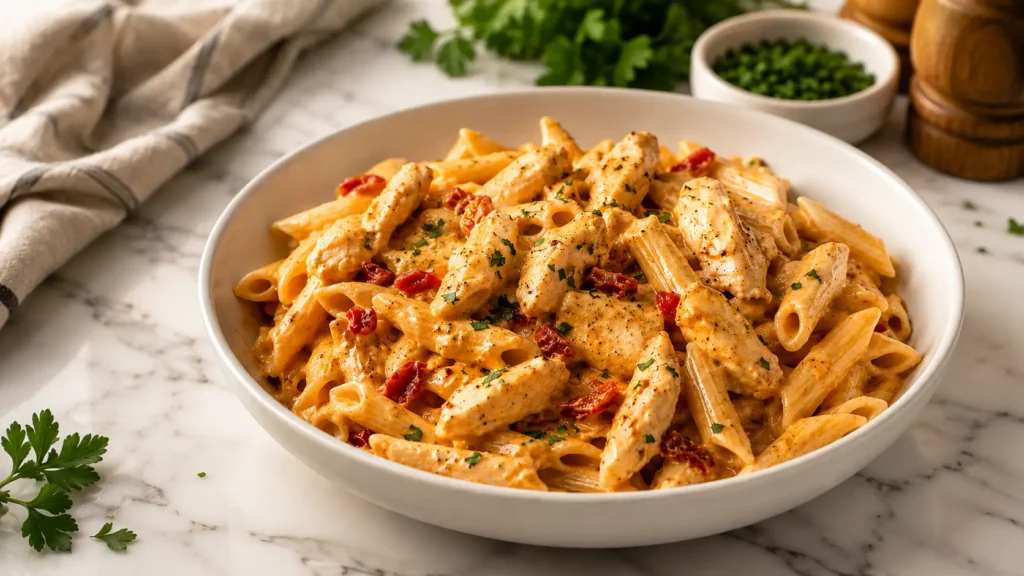 Creamy Cajun chicken pasta being plated with tongs in a white bowl, topped with parsley and red peppers.