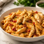 Creamy Cajun chicken pasta being plated with tongs in a white bowl, topped with parsley and red peppers.