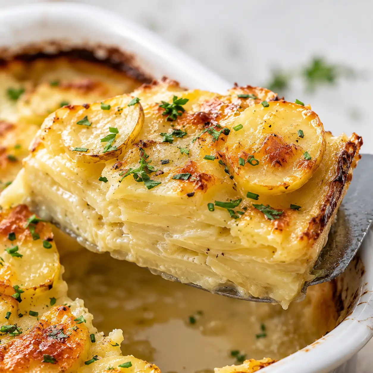Vegan potato bake slice with creamy oat milk sauce, golden potato layers, crispy top, and fresh parsley garnish