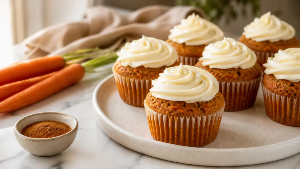 Vegan carrot cupcakes with cream cheese frosting on white marble countertop