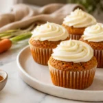 Vegan carrot cupcakes with cream cheese frosting on white marble countertop