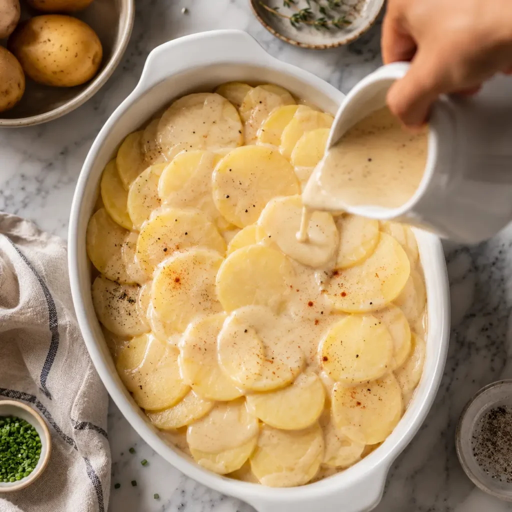 Creamy oat milk sauce poured over layered Yukon Gold potatoes in a white ceramic dish for a vegan potato bake recipe