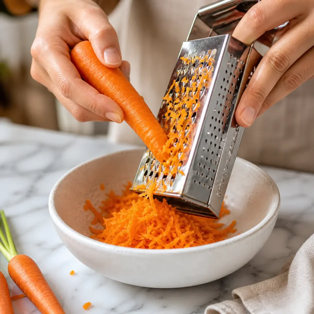 Grating fresh carrot with box grater into bowl for carrot cake recipe