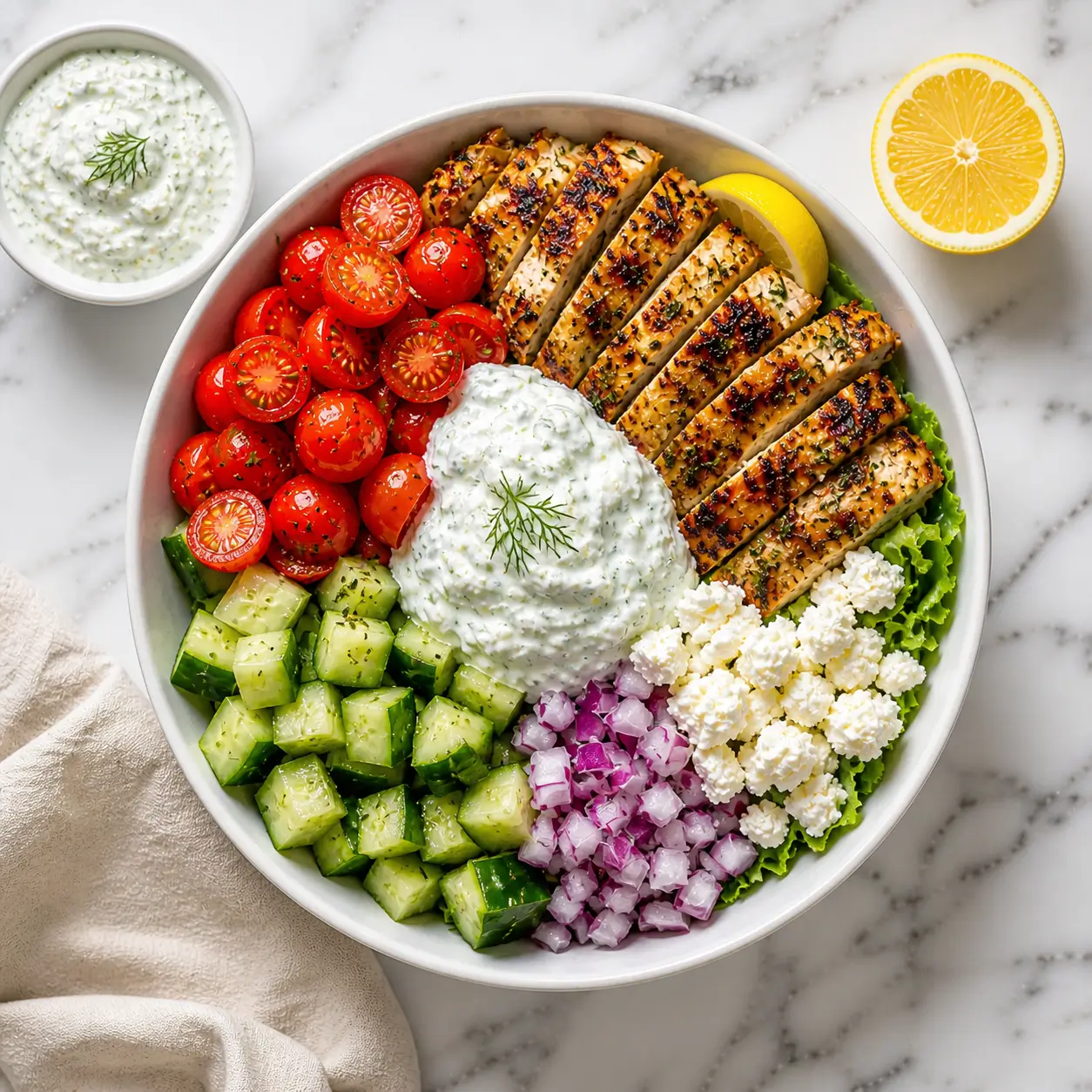 Greek chicken bowl with grilled chicken, tzatziki sauce, cucumber, cherry tomatoes, feta cheese and red onion in white bowl