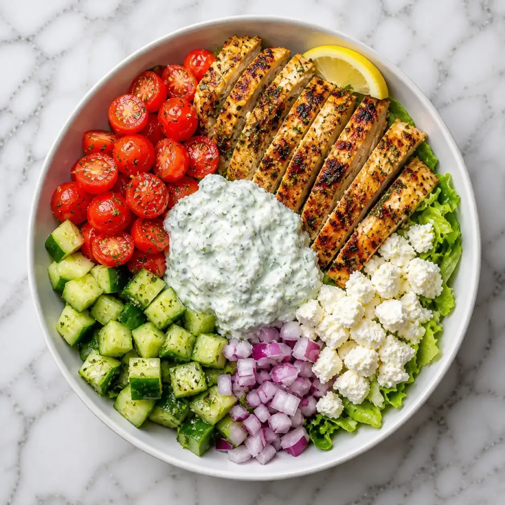 Greek chicken bowl with grilled chicken, tzatziki sauce, cucumber, cherry tomatoes, feta cheese and red onion on marble background