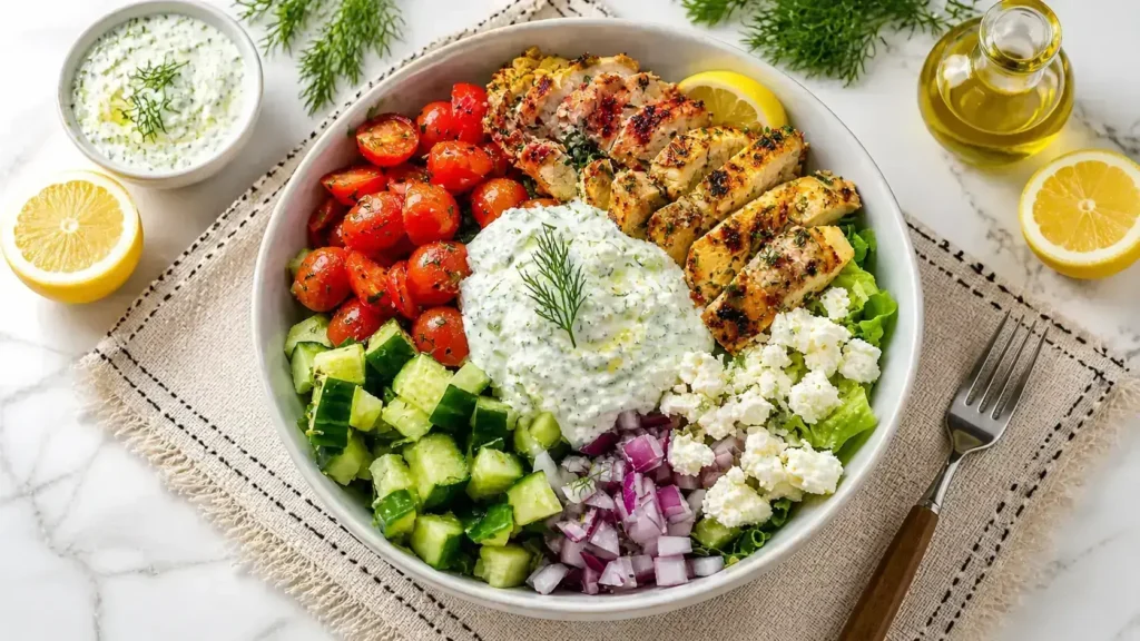 Greek chicken bowl with grilled chicken, tzatziki, cucumber, cherry tomatoes, feta cheese and red onion on marble background