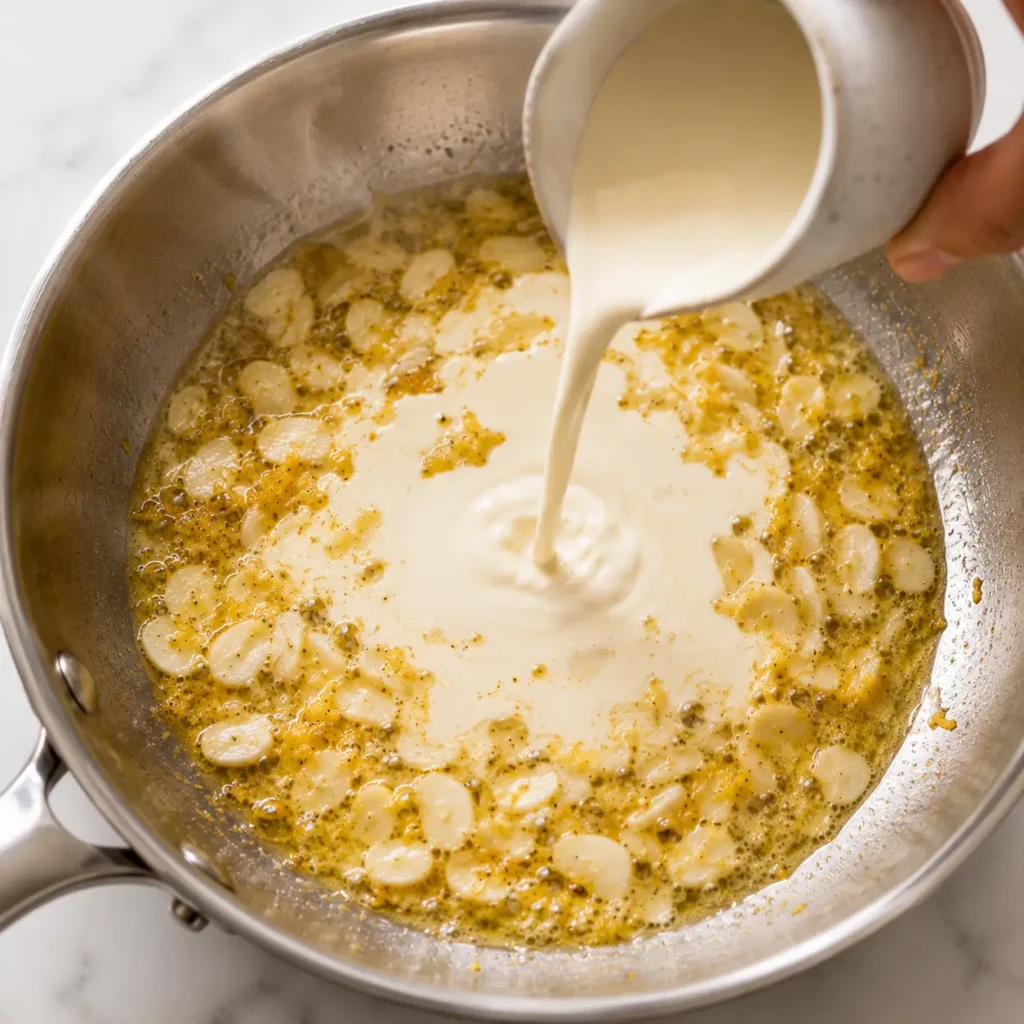 Garlic and lemon zest sizzling in melted butter for creamy Italian lemon chicken pasta sauce.
