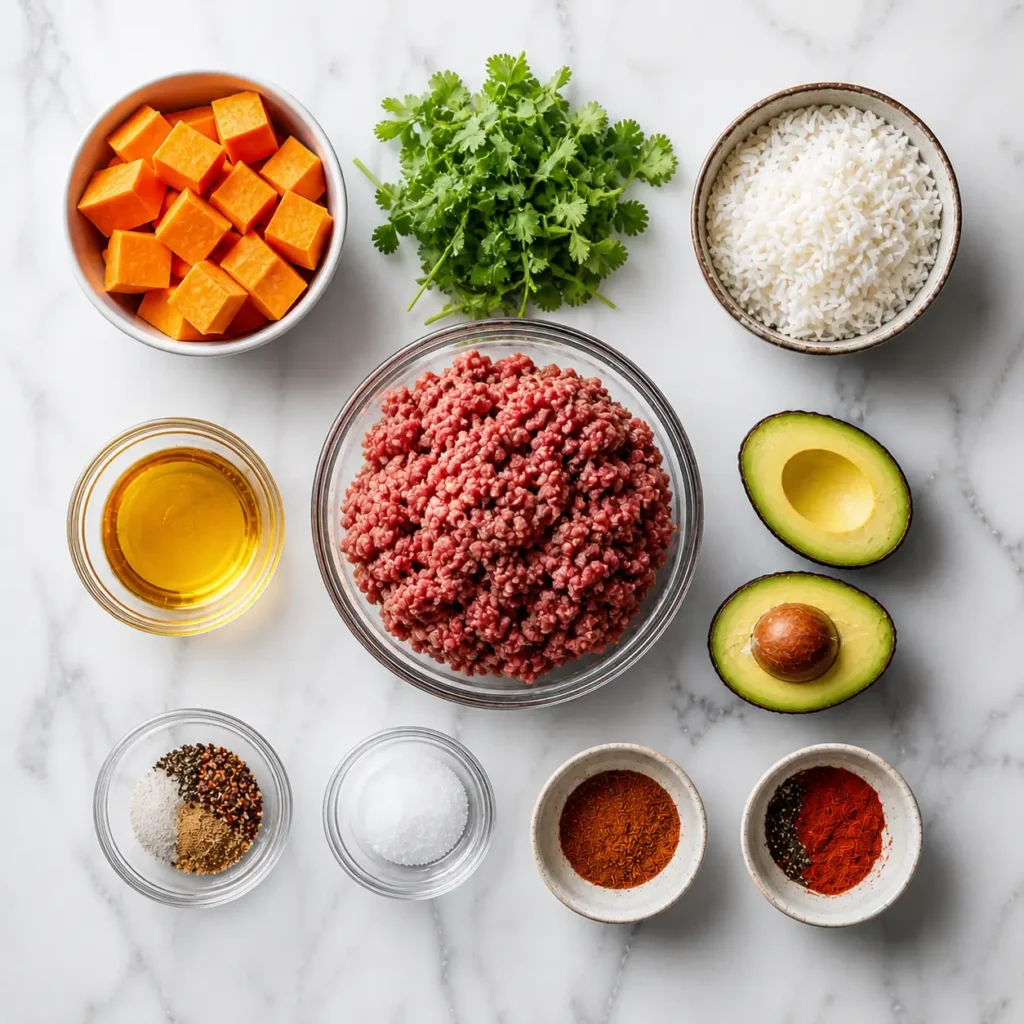 Ingredients for ground beef hot honey bowl with sweet potatoes, rice, avocado and spices