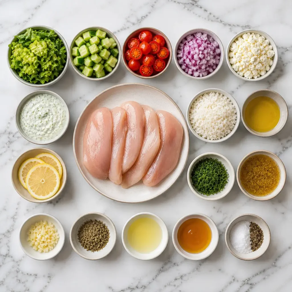 Ingredients for Greek chicken bowl with raw chicken breast, cucumber, cherry tomatoes, feta, red onion, tzatziki and olive oil