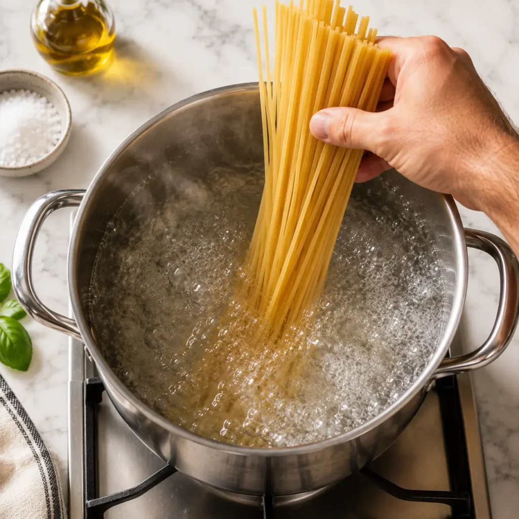 Dry linguine pasta being lowered into boiling salted water in a stainless steel pot on a white marble surface.