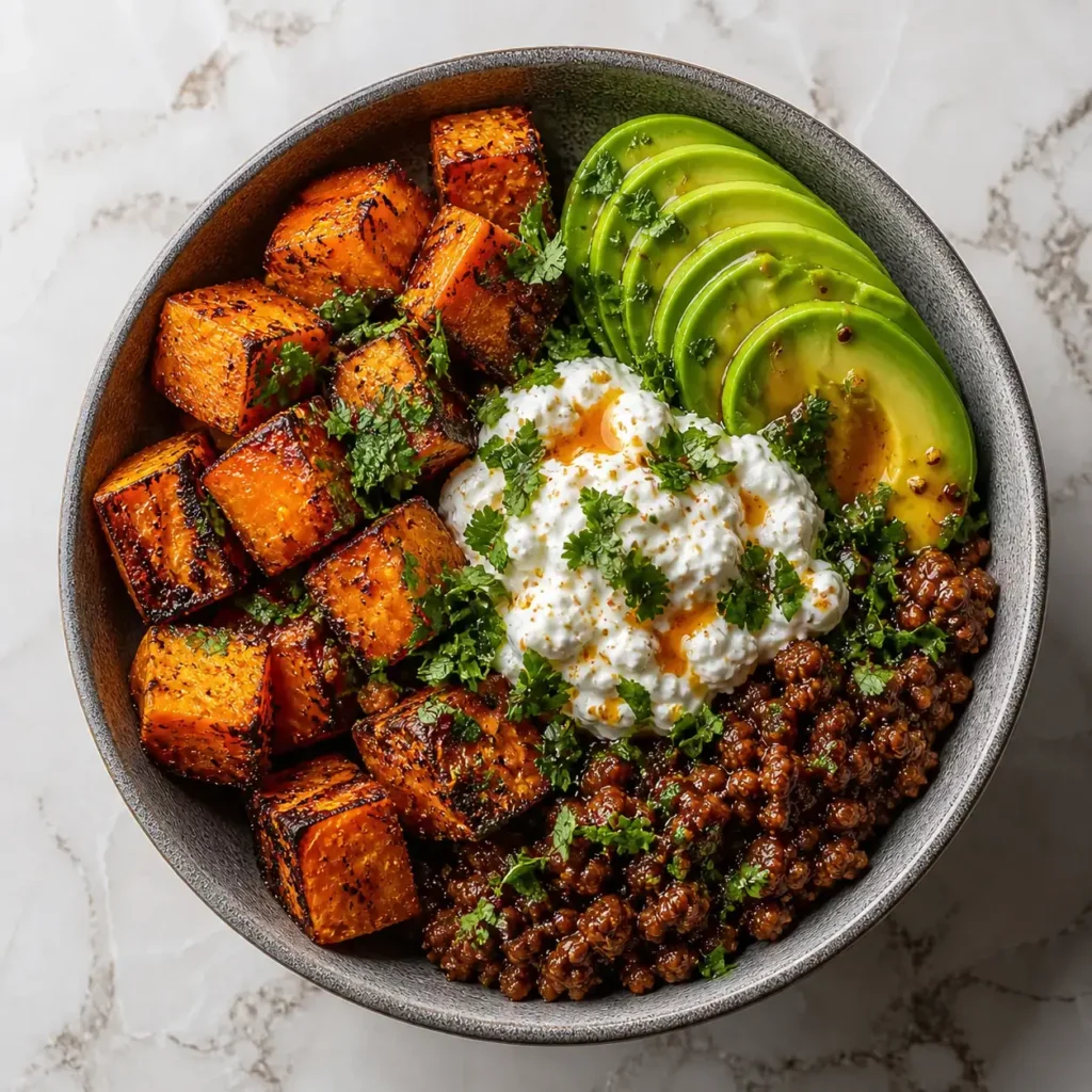 Ground beef bowl with avocado, sweet potatoes and creamy topping, easy variations and substitutions idea
