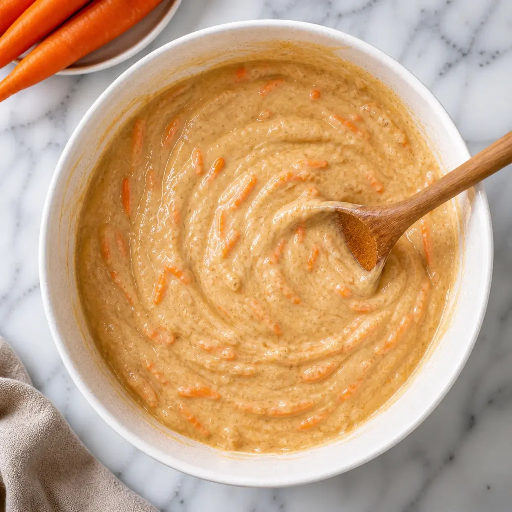 Carrot cake batter being mixed with shredded carrots in bowl