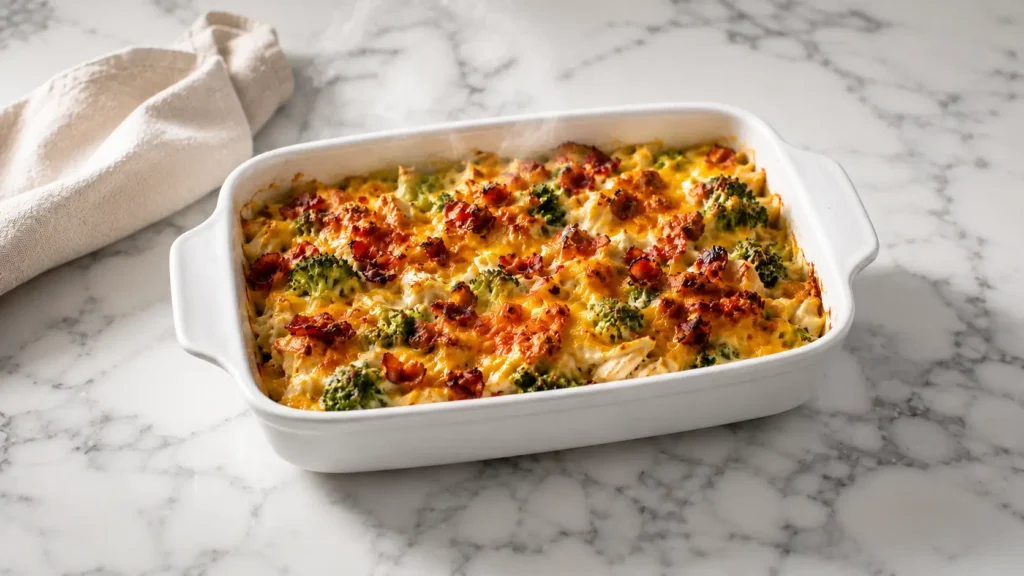Creamy low carb chicken casserole baked with broccoli, melted cheddar cheese, and crispy bacon in a white baking dish.