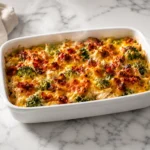 Creamy low carb chicken casserole baked with broccoli, melted cheddar cheese, and crispy bacon in a white baking dish.